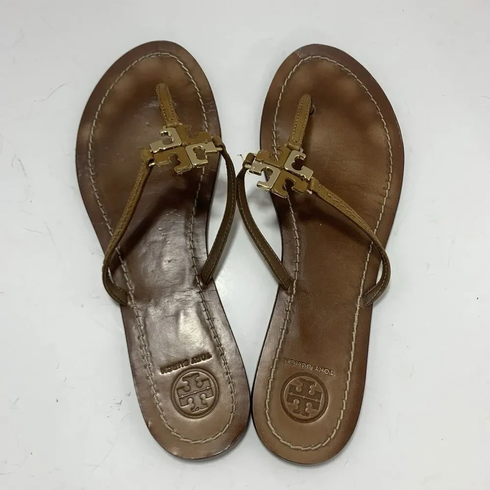 Tory Burch Golden Metal Logo T-Strap Leather Flat Sandals Size 9 Womens